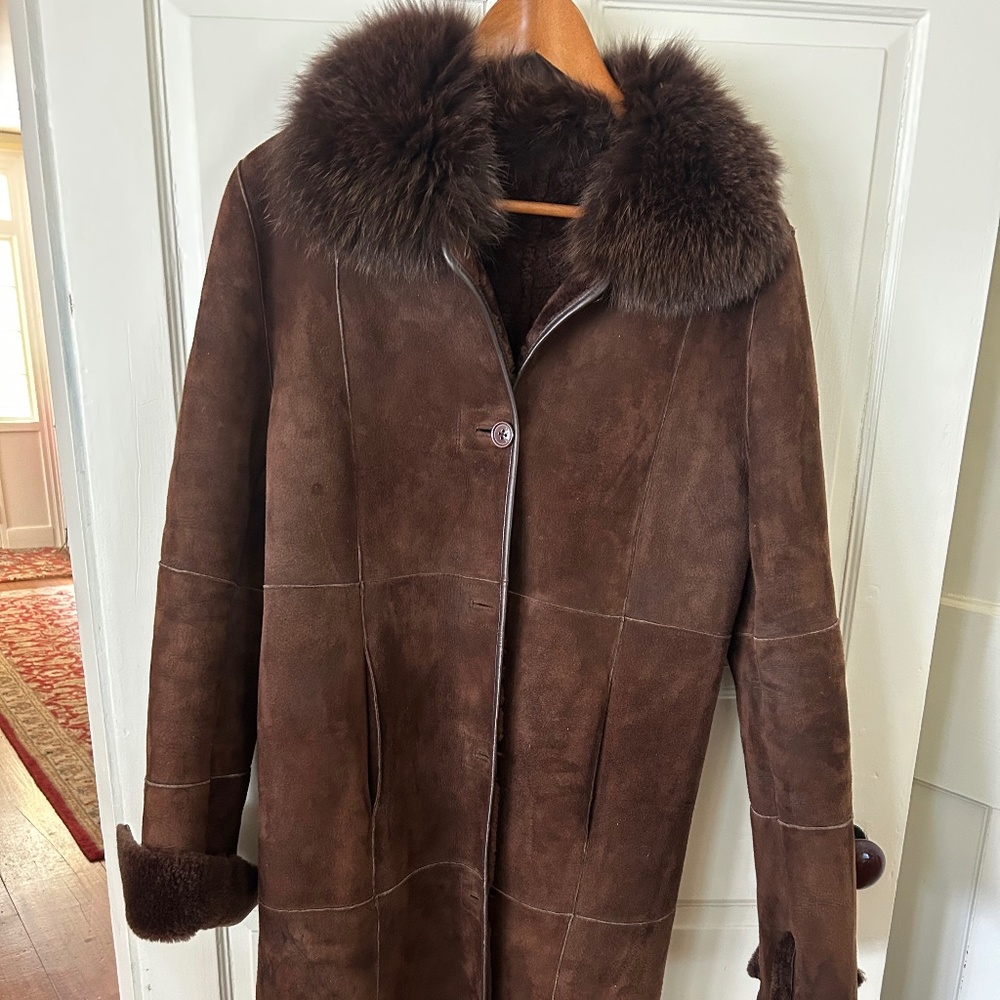 100% real shearling coat w fox collar